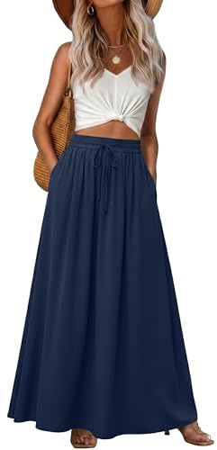 GRECERELLE Womens Summer Long Skirts Ladies Casual Maxi Drawstring Elastic A-Line High Waist Boho Skirt with Pockets for Women UK