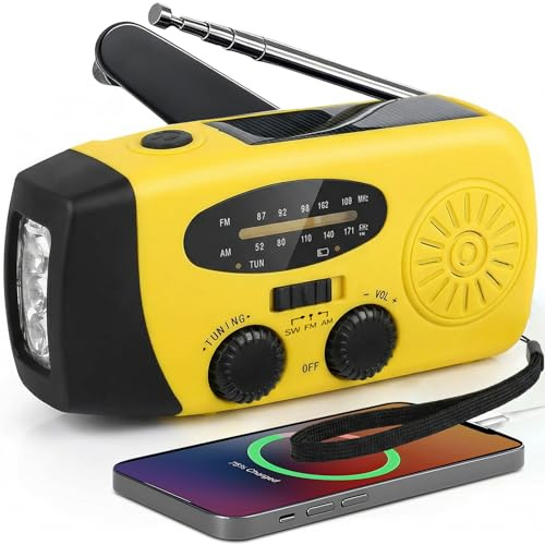 Radio Portátil, FM/Am Radio Emergencia con Solar Recargable Radios de Dinamo con Manivela con Linterna LED y Luz de Lectura 2000mAh Powerbank SOS USB de Camping al Aire Libre Kit Supervivencia, RD1