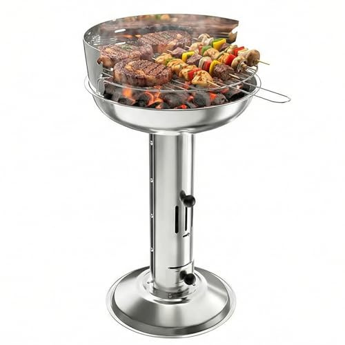 TLGREEN Barbecue à charbon de bois en acier inoxydable, Barbecue à colonne 40 * 40 * 69cm, Hauteur réglable en 3 directions, avec grille de chromée,Cendrier et ventilation, Pour Outdoor, Camping, BBQ