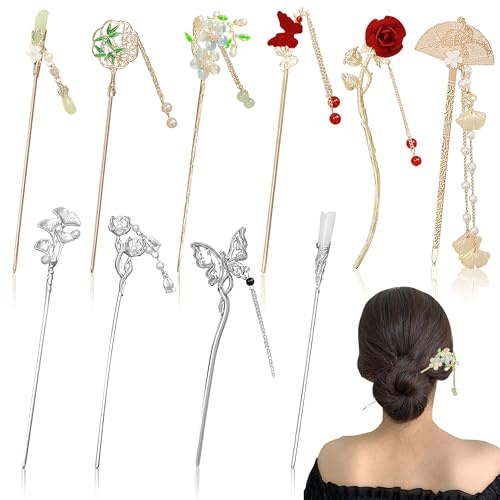 Horquilla China para el Pelo, 10 Piezas Palillos Vintage para Mujer, Palillo Chino con Mariposa y Flor Retro Accesorio Elegante Hanfu con Borlas para Moños y Peinados de Mujer