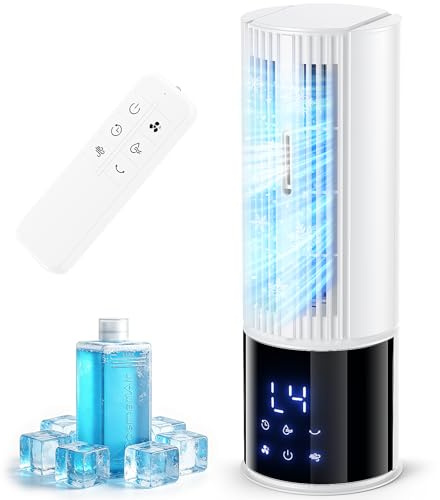 Aire acondicionado portátil 6en1, ventilador 3 velocidades Modo Tormenta, Viento del sueño, Función de niebla y temporizador, Oscilación de 45°/90° perfecto para familia, oficina (Blanco perla)