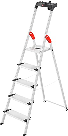 Hailo L80 ComfortLine Alu-Sicherheits-Stehleiter - 5 XXL-Stufen belastbar bis 150 kg - Tiefe Standfläche - Stehleiter mit Ablage - klappbare Aluleiter Made in Germany - Leiter rostfrei - Silber