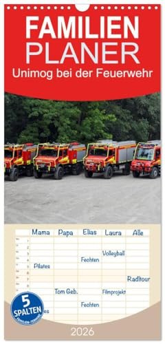 Familienplaner 2026 - Unimog bei der Feuerwehr mit 5 Spalten (Wandkalender, 21 cm x 45 cm), CALVENDO