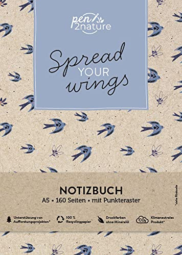 Spread Your Wings • Nachhaltiges Notizbuch in A5 mit Hardcover und Vogel-Motiv: Eintragbuch mit weißen Seiten und Punktemuster. Umweltfreundliches ... praktisches Bullet-Journal (pen2nature books)