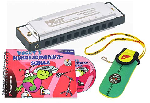 Voggy´s Mundharmonika Set Volt-Mundharmonika C-Dur Neopren-Tasche Mundharmonika-Schule Buch CD (diatonisch, Blue Harp, Richter Modell, Metall), silber / bunt