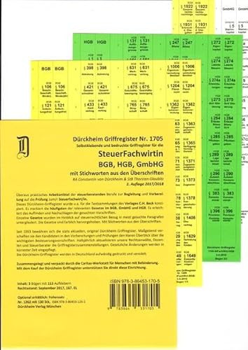 SteuerFachwirt/in - Wirtschaftsgesetze (BGB-HGB-GmbHG) Dürckheim-Griffregister Nr. 1705 mit Stichworten: 160 selbstklebende Griffregister für das BGB, ... vom Verlag C.H. Beck oder nwb-Textsammlung