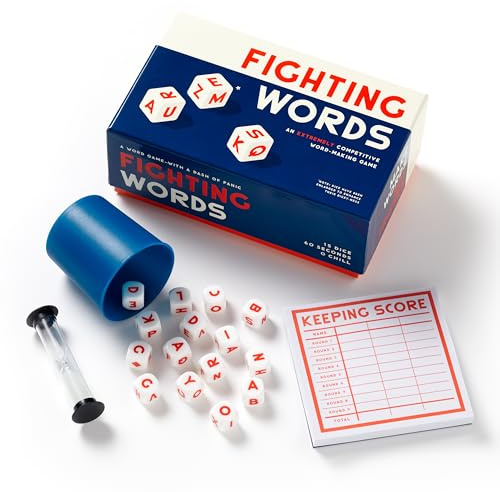 Brass Monkey Fighting Words – Fast Paced Word Making Dice Game Includes Sand Timer 15 Six-Sided Dice and Dice Cup, 2+ Players