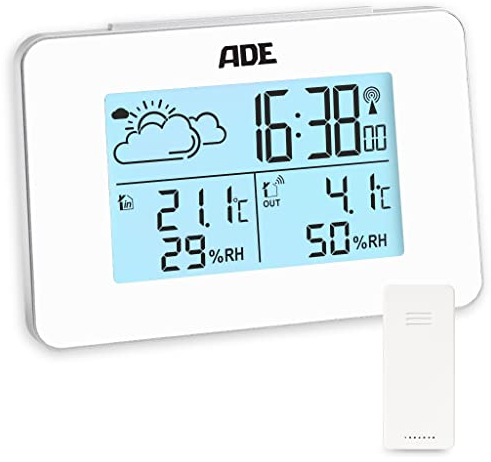 ADE Stazione meteo Digitale con Sensore Esterno | Termometro Digitale Ambiente Interno Esterno | Igrometro Umidità | Sveglia | Display a LED illuminato | bianca