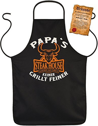 Geile-Fun-T-Shirts Grillschürze für Männer - Papas Steak-House - Kochschürze Küchenschürze Vatertagsgeschenk Schürze Männer Geschenke Set geil bedruckt mit GRATIS Griller Urkunde