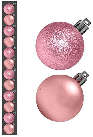12 Mini de bolas de Navidad de 3 cm, color Rosa, mate y con purpurina