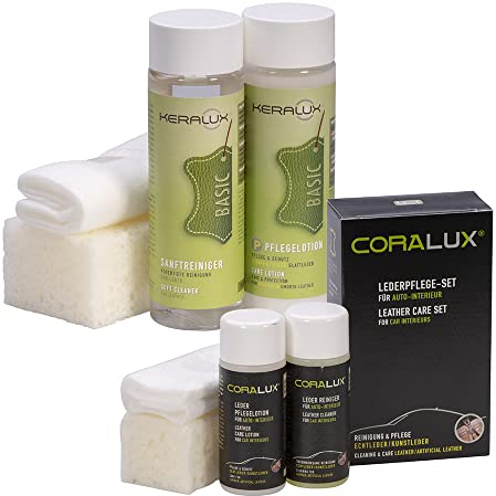 KERALUX 8-teiliges Set P für pigmentierte Glattleder, 200ml Reiniger, 200ml Pflege. Je 50ml CORALUX Autoleder-Pflege und -Reiniger, 2 Schwämme, 2 Tücher. Mit Imprägnierung und Lichtschutz