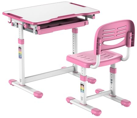 Mount-It! Kids Desk and Chair Set, Height Adjustable Sturdy, Girl Desk, Child Study Desk and Chair Set for Boys, Table for Art, Home School, Drafting, Ergonomic with Storage Drawer, Pink