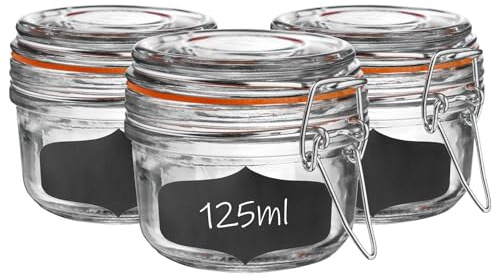 Argon Tableware Glass Spice Jars with Airtight Metal Clip Lid & Chalkboard Stickers - 125ml/4.2oz - 6 Pack - 4 Colour Seals - Kitchen Storage Container Round Preserving Jar for Spice, Seasoning