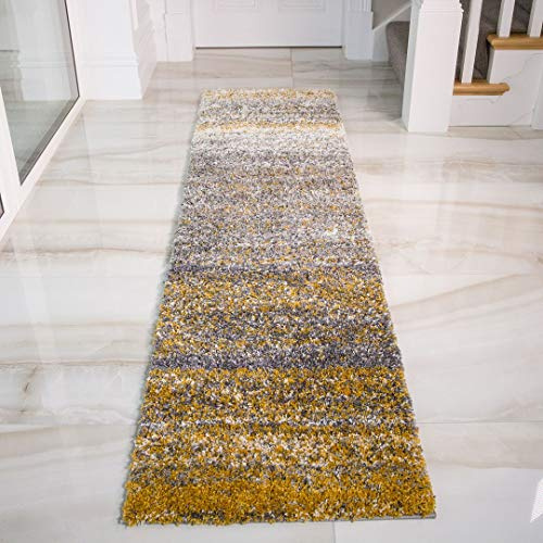 Modern Durable Plush Stripe Ochre Yellow Grey Shaggy Runner Rug Mottled Speckled Warn Hall Hallway Bedside Fireplace Rugs 60cm x 240cm