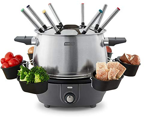 Dash Deluxe Fondue Maker - For Broth, Cheese & Chocolate - Comes with Color-Coded Fondue Forks, Cups, Rack & Recipe Guide - 3 Quarts, Cool Grey