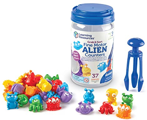 Learning Resources Grab & Sort Fine Motor Alien Counters, STEM Toys for Kids, Space Décor, Preschool Fine Motor Skills, 37 Pieces, Age 3+, Multicolor