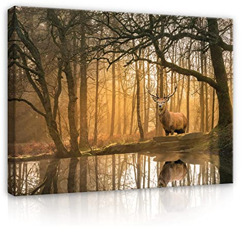 WallArena Leinwand Bilder 120x80 cm | Hirsch Wald Natur Beige Waldtiere Tiere, Leinwandbilder, Bild auf leinwand, Format: 120x80 cm (BxH) - einteilig auf