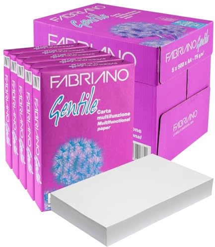 Carta A4 Economica per Stampante Fabriano Gentile, 5 Risme da 500 Fogli - 2500 Totali, Eurocali Carta da 75gr Per Ufficio, Fotocopie, Multiuso