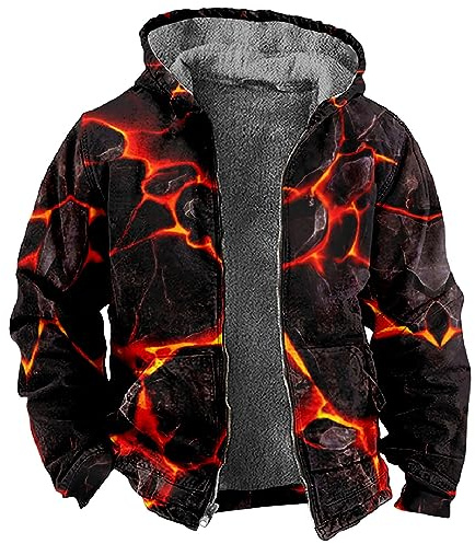 LUNULE Fleecejacke Herren Männer 3D Druck Teddy Fleece Gefüttert Hoodie Jacke Winter Dicke Plüsch Innenfutter Kapuzenjacke Mit Tasche Casual Thermohemd Warm Winterjacke Flanellhemd Reißverschluss
