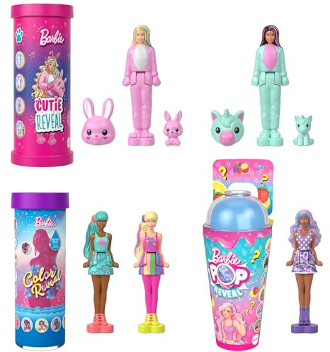 Barbie Mini Barbieland Set Reveal, 5 Mini Figuras Color Reveal, Cutie Reveal y Pop Reveal, Muñecas Sorpresa Que se Muestran al abrirse los Vasos, Juguete Regalo para niños y niñas +4 años, JCB27