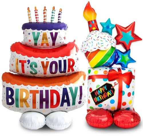 Ballon Debout d'Anniversaire - 2 Pièces Gonflable Gâteau et Cadeaux Décoration pour Fête
