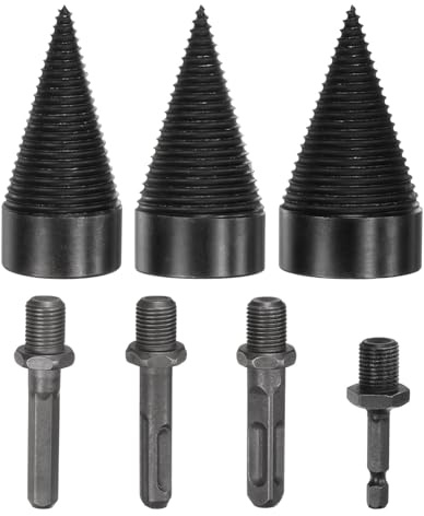 M METERXITY 3-Pack Wood Splitter Drill Bit 42mm + 45mm + 50mm + 4 Handles (Square + Round + Hex Shank + Small Hex) Firewood Log Splitter Drill Bit for Family/Outdoor/Stove/Farm [Black+Grey]