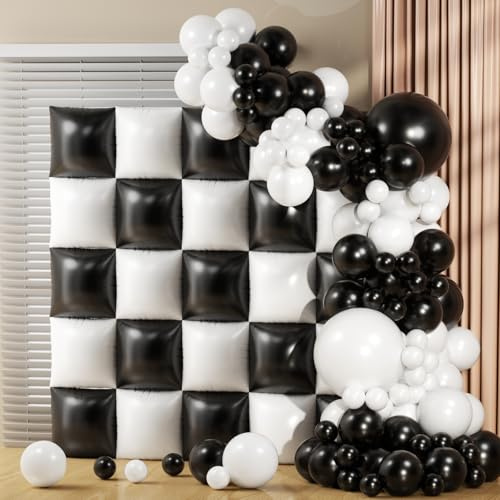 75Pcs Black and White Square Foil Balloons Wall Tunnel Backdrop Double Sided with White Black Balloons Arch Garland Kit for Checkered Racing Car Birthday Party Decoration