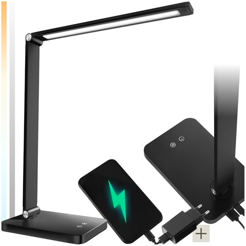 TecTake® Lampara Escritorio LED, 5 W, 3 Niveles de Brillo, 5 Temperaturas de Color, Giratoria, Inclinable, Conexión USB, Estable, Flexo LED Escritorio Elegante, Lampara de Mesa - 1 Lámpara Negro