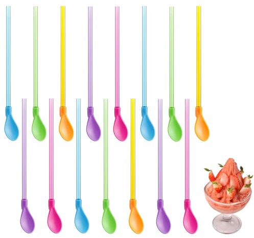 15 Stück 2-in-1 Strohhalm-Löffel, Wiederverwendbare Bunte Plastik-Trinkhalme für Cocktails, Smoothies, Milchshakes und Milchtee