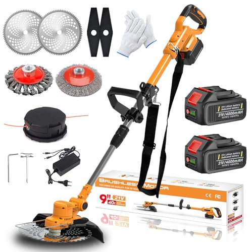 Rasentrimmer mit Akku und Unkrautbürste, Akku Rasentrimmer für Makita Akku mit 2X4.0Ah Akku, 21V Bürstenloser Freischneider, Elektro Motorsense, 5 Klingentypen, 23cm Schnittbreite