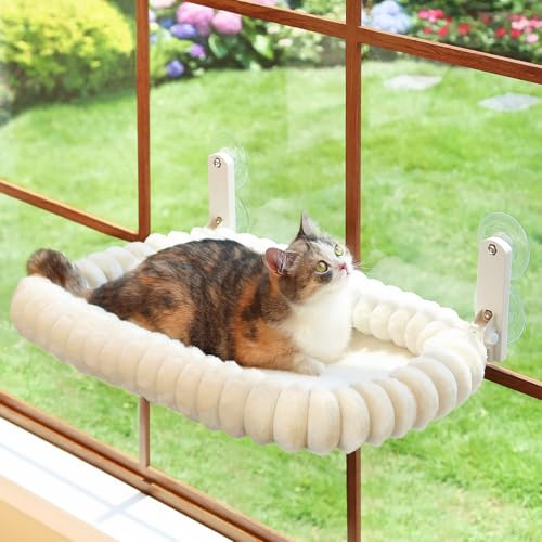Zakkart SnugCloud Klappbarer Katzen-Fensterplatz – Kabellos, kuschelweiches, waschbares Bett mit 4-Seiten-Polster & Metallrahmen als Fenster-Hängematte für große Katzen & Kätzchen (Weiß, Größe M) | Vorhangfreundliches Hängemattenbett, kabellos, ultraweich, maschinenwaschbar, Metallrahmen, unterstützt bis zu 18 kg