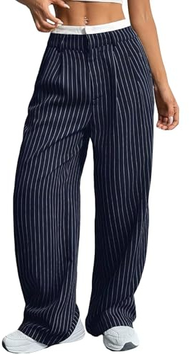 Cheroma Relaxed High Waist Striped Trousers for Women - Patchwork, Navy, X-Large