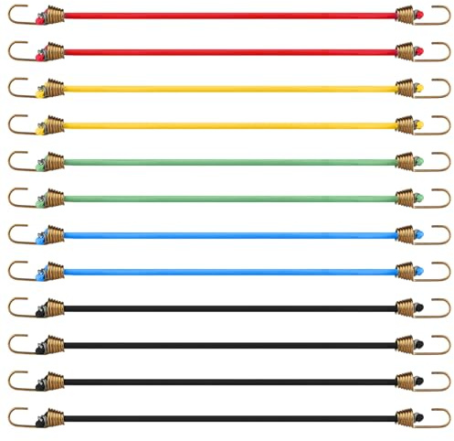 12pcs Bungee Cords with Hooks, 10 Inch Heavy Duty Bungee Straps, Short Adjustable Outdoor Elastic Tie Weatherproof & UV-Resistant for Securing Luggage, Camping Gear, Luggage, Multi-colour Up to 15KG