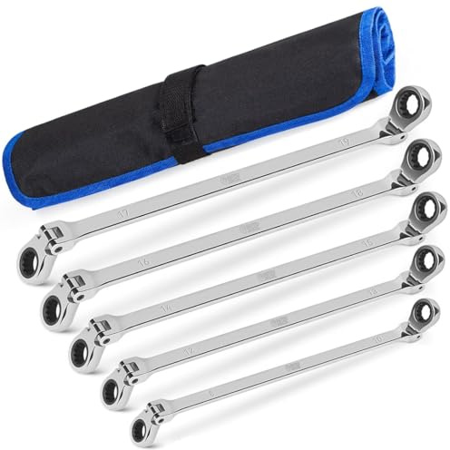 Autojack Professional Flexible Ratchet Wrench Set, 5 Piece Extra Long Double Flex Head, Alloy Steel, Chrome Finish, Metric 8-19mm, Silver