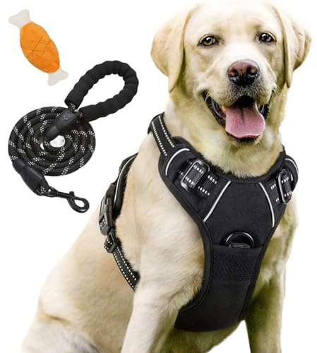 Anti Zieh Geschirr, No Pull Geschirr für Kleine Mittlere Grosse Dog Harness, Atmungsaktiv & Gepolstert mit Griff Reflektorstreifen, Kontrolle Verstellbar (M: 7.5-17.5kg,Schwarz+Seil)