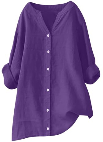 Chemise Femme Lin Chemisier Coton Et Lin pour Femme Col en V Bouton Manches Longues Chic et Élégant Tops Couleur Unie LâChe Respirant T-Shirts Grande Taille Casual Essentiels Vacances D'Été Blouse