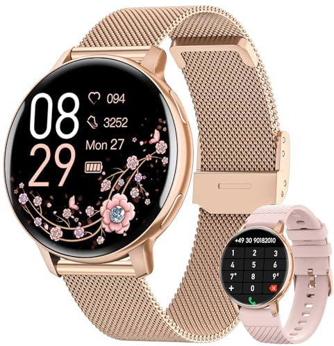 Smartwatch Damen Rund, 1.39 HD Fitnessuhr mit Telefonfunktion, 120+Sportmodi Herzfrequenz Schlafmonitor SpO2 Uhr Damen, IP68 Wasserdicht Schrittzähler Wecker Fitness Tracker für iOS Android Roségold