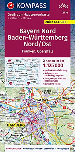 KOMPASS Großraum-Radtourenkarte 3710 Bayern Nord, Baden-Württemberg Nord/Ost 1:125.000: 2 Karten im Set, reiß- und wetterfest, GPX-Daten zum Download (KOMPASS Großraum Fahrradkarte, Band 3710)