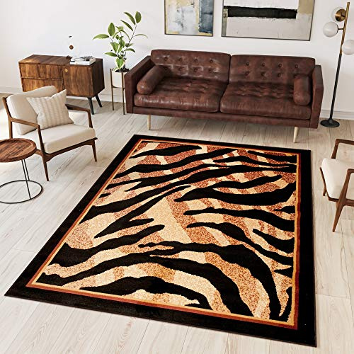 TAPISO Atlas Teppich Kurzflor Afrika Tiermotiv Tiger Beige Braun Schwarz Bordüre Wohnzimmer Schlafzimmer Modern Design ÖKOTEX 60 x 100 cm