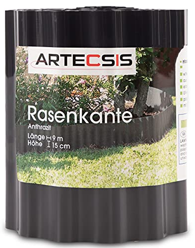 ARTECSIS 1x Rasenkante aus Kunststoff, 9 m x 15cm, Anthrazit, gewellt, Umrandung für Beete, Beeteinfassung, Rasenbegrenzung