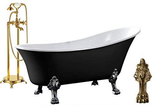 Freistehende Badewanne PARIS Acryl - 176 x 71 cm - Schwarz glänzend - Metallfüße & Standarmatur wählbar, Standarmatur:Inkl. Standarmatur 1414 Gold, Farbe der Füße:gold