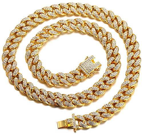 HALUKAKAH Cadena de Oro para Hombre,Cadena Cubanos 13MM Iced out Chapado en Oro Real de 18k Gargantilla Collar 45cm,Cz Completa Juego de Puntas de Corte de Diamante,con Caja de Regalo