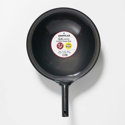 SOONEAR KOTE2 Wok aus leichtem Karbonstahl, 36 cm, 1,2 kg (30 % weniger), Gasfeuer, runder Boden, Griff aus Karbonstahl, keine Nieten