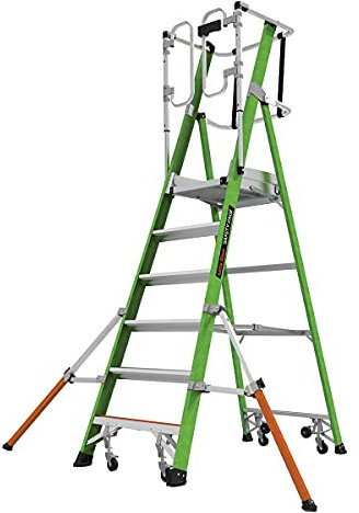 Little Giant Ladders 6 Tread Safety Cage Series 2 Work Platform, Non Conductive Hi Viz Green Fibreglass, Enclosed Safety Cage Work Platform, EN131-7