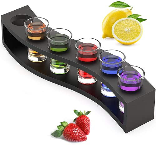 MOUMOUTEN Shot Glass Shelf Tray, 6 Holes Shot Glass Serving Tray, Black Wooden Shot Glasses Rack for for Liquor Shots Whisky Brandy Vodka Rum Home Party Bar