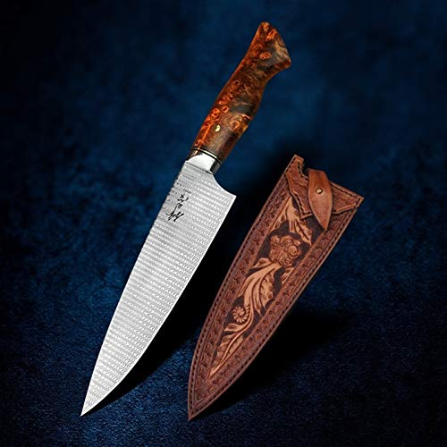 7inch Damas Couteau de Chef de Chef de Gyuto Couteaux de cuisine Professionnel Cuisine Outils de cuisson à la main Gaine en cuir sculpté 60hrc couteau (Color : Stable Wood Brown TC)