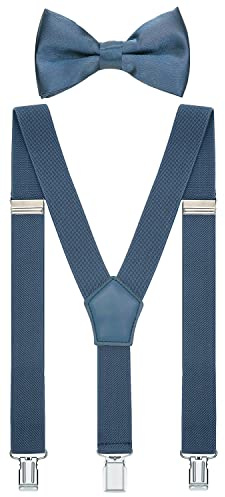 WDSKY Boys' Bow Tie and Suspenders Set Y Shape Adjustable Elastic 30 Inches Dusty Blue