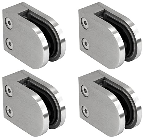PRIOstahl Glashalter 4 Stück Glasklemmen Klemmhalter Glasplattenhalter 63 x 45 x 26-28 mm mit Sicherungsstift Anschluss: Flach für Glas 3 mm Geländer Balkon aus Edelstahl V2A