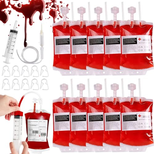 Halloween Trinkgefäß, 10 Stück Halloween Blutbeutel, 350ml Blutbeutel zum Befüllen, Blutbeutel zum Trinken mit Spritze Blutart Aufkleber, Halloween Deko Blutbeutel Infusionsbeutel Vampir Trinkgefäß