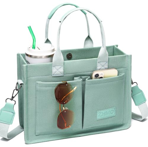 ZHMO Canvas Tote Bag for Women With Compartments and Pockets,Women's Bags Crossbody Bags Work Laptop Tote Bag Large Satchels Handbags Tote Purse Everyday Shoulder Bag for Travel Nurse Teacher Church